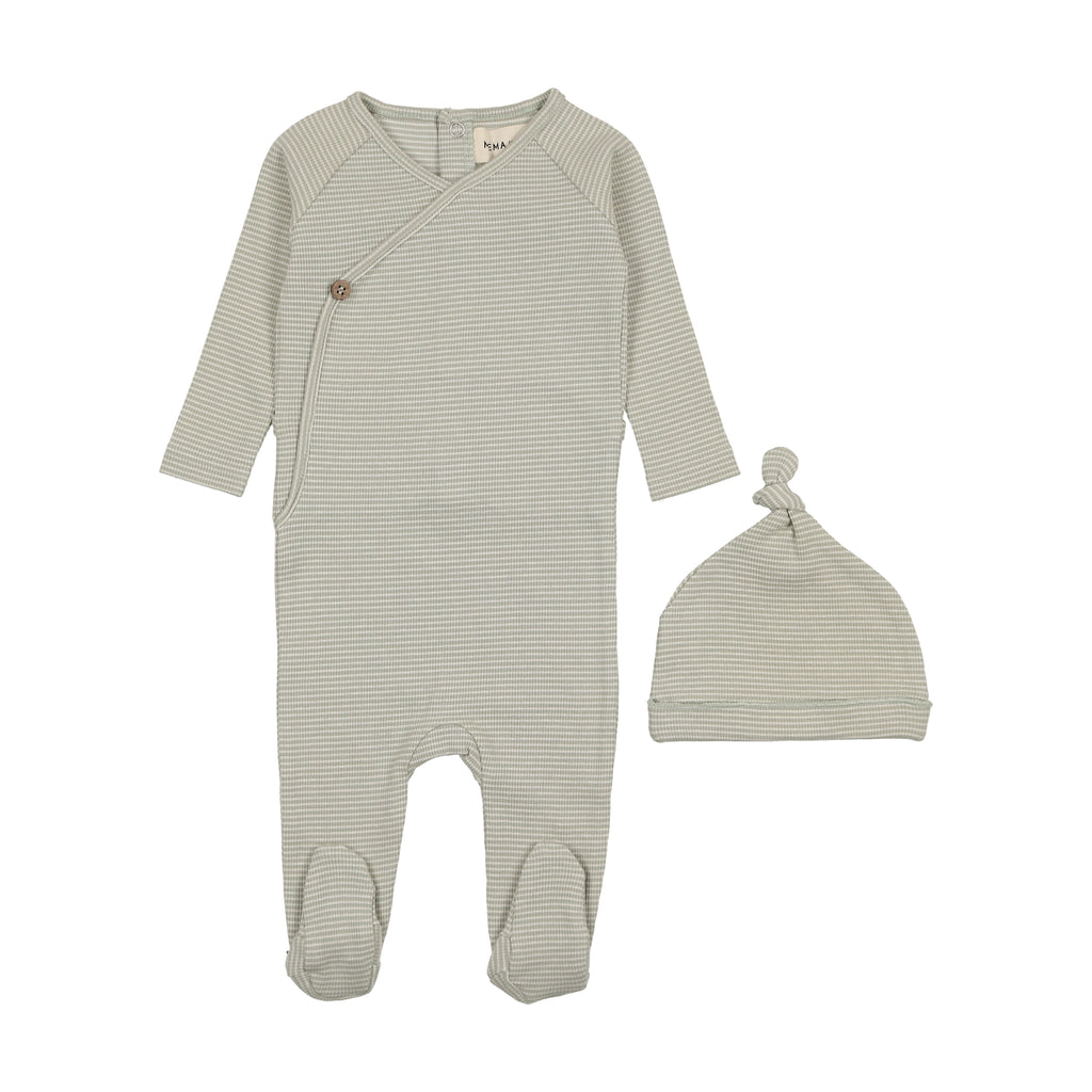 Mema Knits The Striped Footie & Beanie - Marshmallow Green