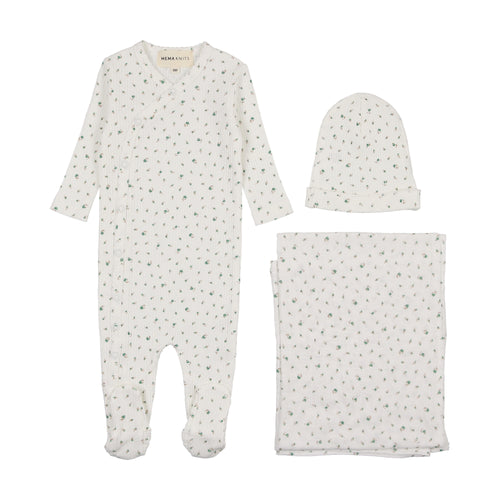 Mema Printed Side Snap 3PC Layette Set - Green Floral