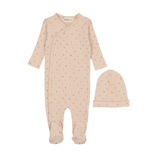 Mema Printed Side Snap Footie & Beanie - Tulip Print