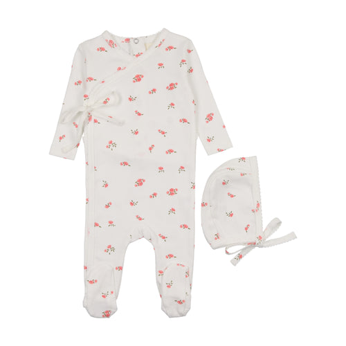 Mema Pointelle Floral Side Snap Footie & Bonnet - Floral Pink