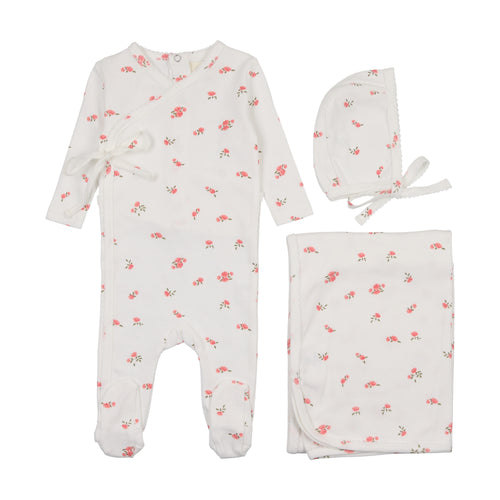 Mema Pointelle Floral Side Snap 3PC Layette Set - Floral Pink