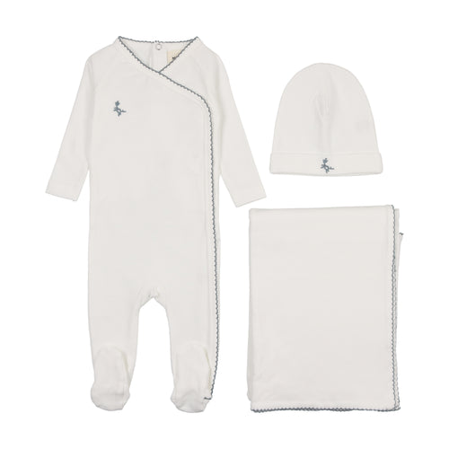 Mema Embroidered Picot Edge 3PC Layette Set - Winter White/Metallic Blue