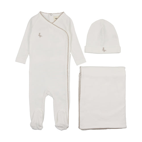 Mema Embroidered Picot Edge 3PC Layette Set - Winter White/Metallic Mauve