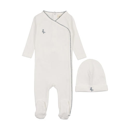Mema Embroidered Picot Edge Footie & Beanie - Winter White/Metallic Blue