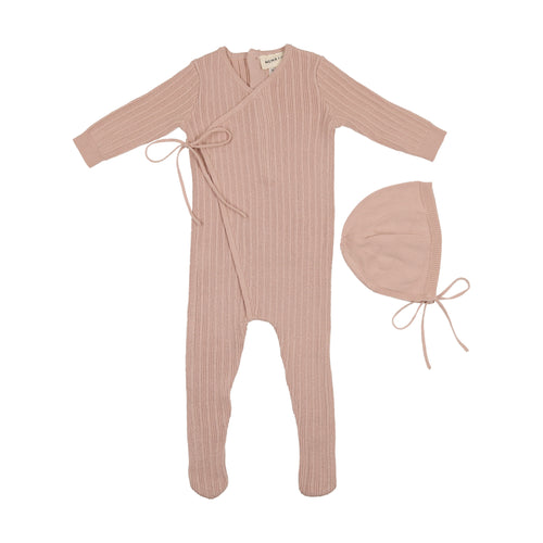 Mema Knits Mock Wrap Footie + Bonnet - Pink Tint