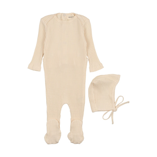 Mema Picot Edge Textured Footie & Beanie - Cream