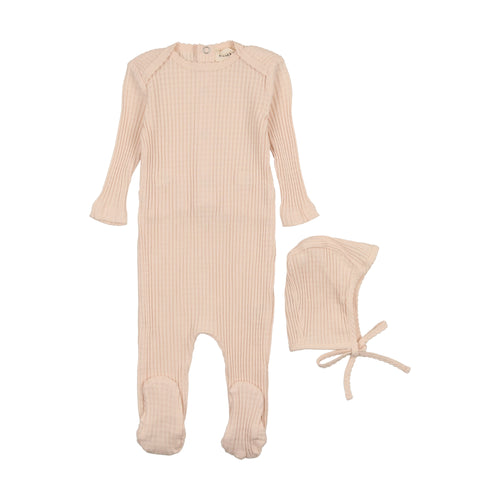 Mema Picot Edge Textured Footie & Beanie - Peach Dust