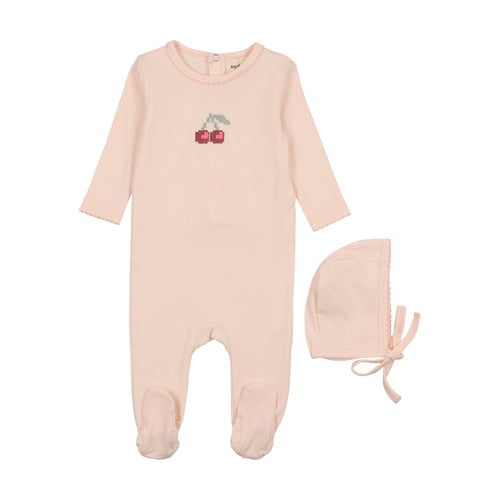 Mema Embroidered Cherry Footie & Beanie - Pink