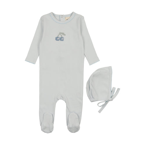 Mema Embroidered Cherry Footie & Beanie - Blue