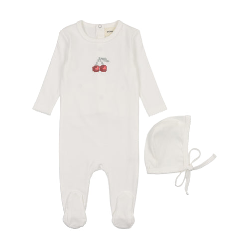 Mema Embroidered Cherry Footie & Beanie - White/Red