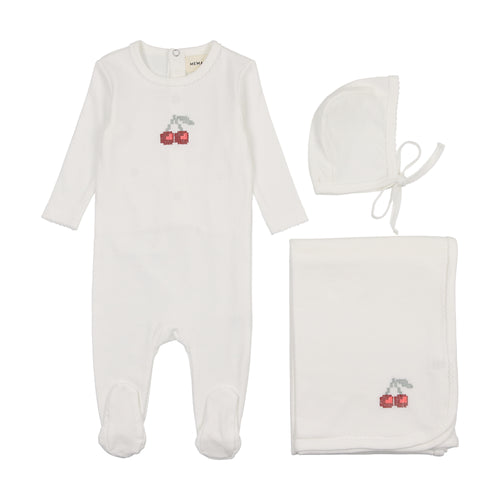 Mema Embroidered Cherry 3PC Layette Set - White/Pink