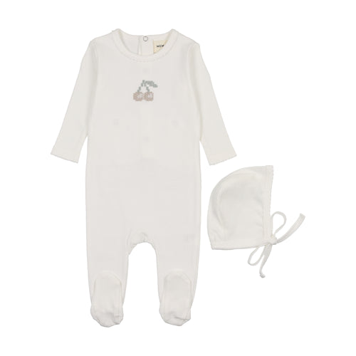 Mema Embroidered Cherry Footie & Beanie - White/Taupe