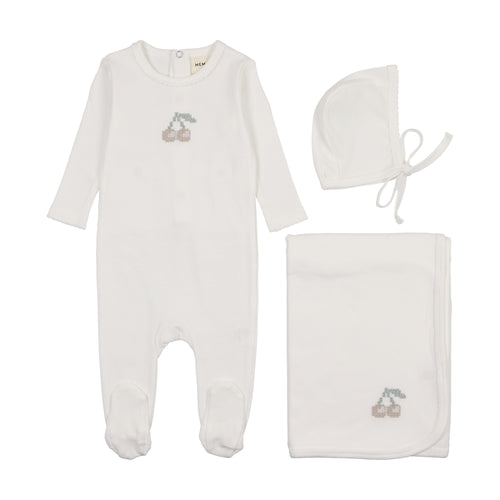 Mema Embroidered Cherry 3PC Layette Set - White/Taupe