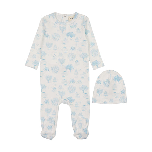 Mema Toile Print Footie & Beanie - Blue Toile Print