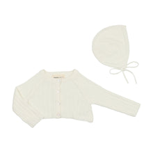 Load image into Gallery viewer, Mema Knits Crop Pointelle Cardigan Bonnet - Winter White