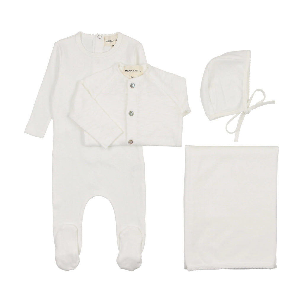 Mema Pointelle Footie Slub Cardigan 4PC Set - White