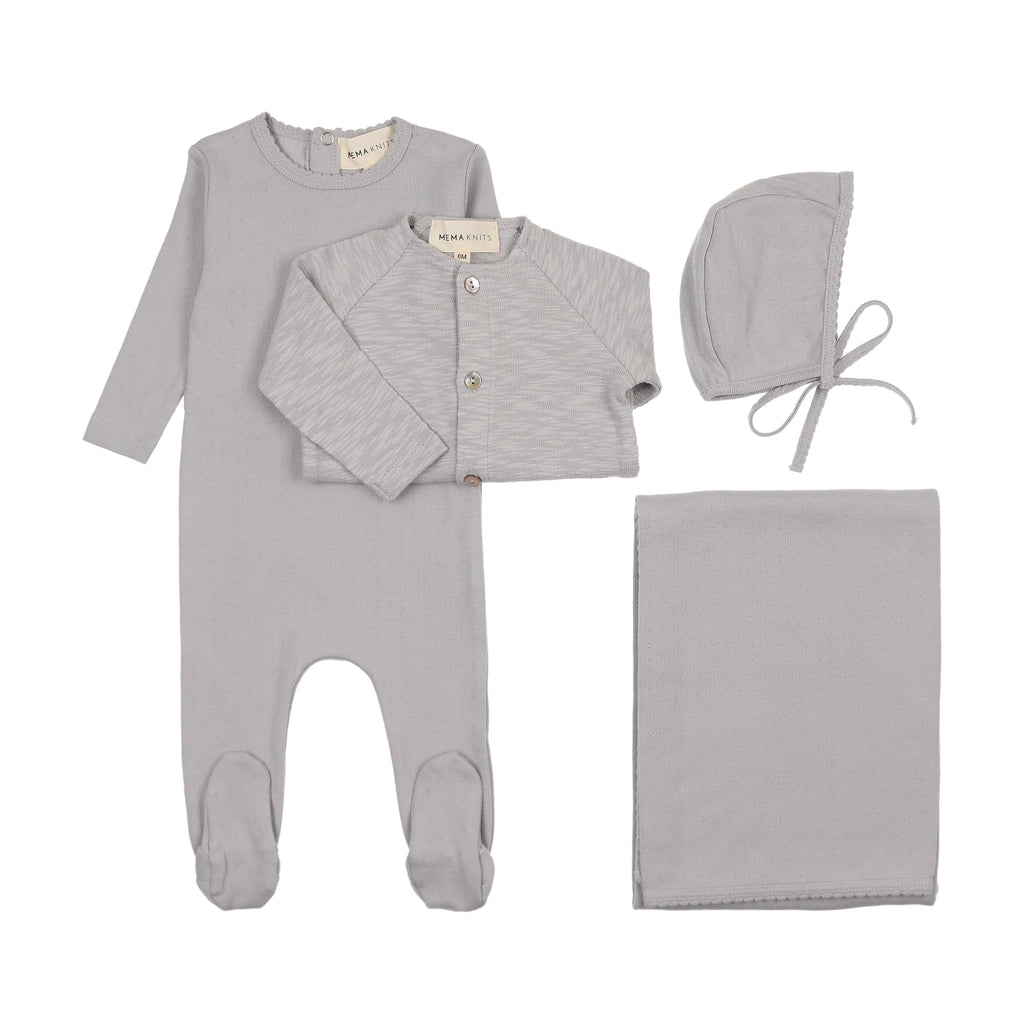 Mema Pointelle Footie Slub Cardigan 4PC Set - Soft Blue