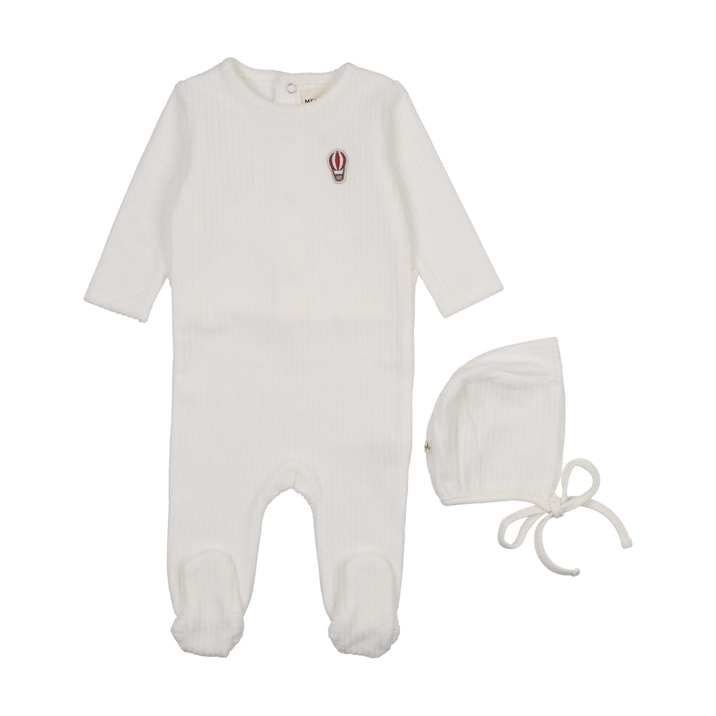 Mema Knits Ribbed Velour Embroidered Footie & Bonnet - Winter White / Red Balloon