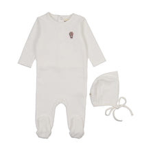 Load image into Gallery viewer, Mema Knits Ribbed Velour Embroidered Footie &amp; Bonnet - Winter White / Red Balloon