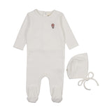 Mema Knits Ribbed Velour Embroidered Footie & Bonnet - Winter White / Red Balloon