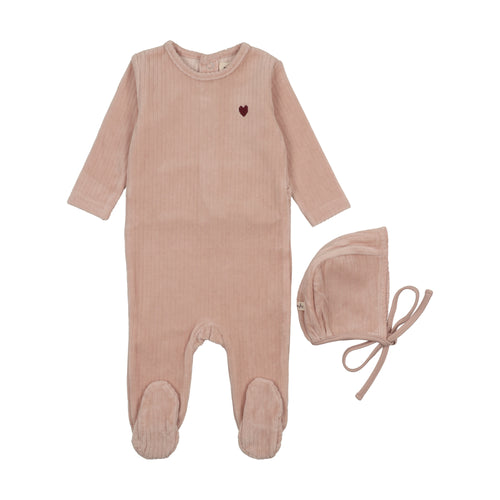 Mema Knits Ribbed Velour Embroidered Footie & Bonnet - Pale Pink / Rose Brown Heart