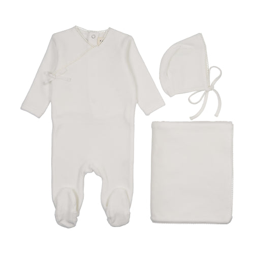 Mema Knits Velour Mock Wrap 3PC Layette Set - Winter White