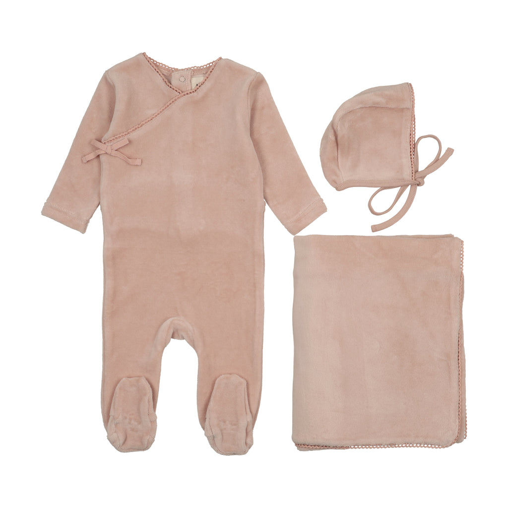 Mema Knits Velour Mock Wrap 3PC Layette Set - Pale Pink