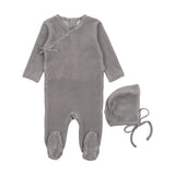 Mema Knits Velour Mock Wrap Footie & Bonnet - Windy Blue