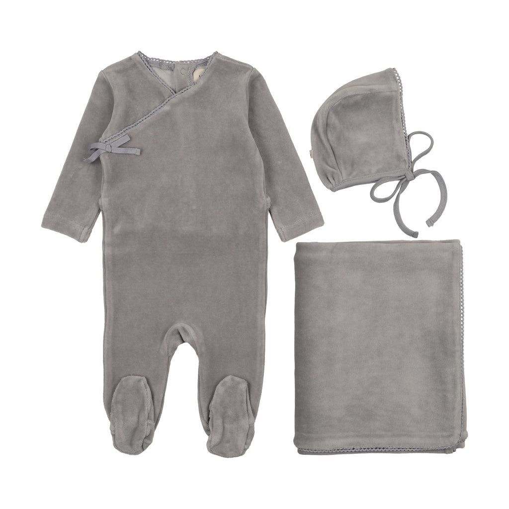 Mema Knits Velour Mock Wrap 3PC Layette Set - Windy Blue