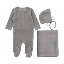 Load image into Gallery viewer, Mema Knits Velour Mock Wrap 3PC Layette Set - Windy Blue