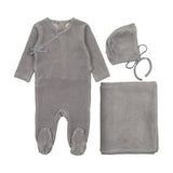 Mema Knits Velour Mock Wrap 3PC Layette Set - Windy Blue