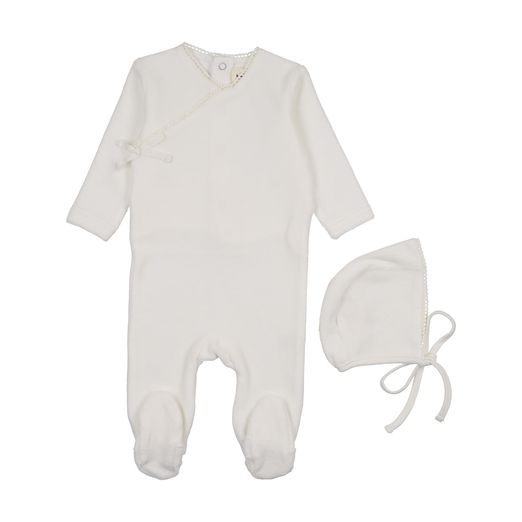 Mema Knits Velour Mock Wrap Footie & Bonnet - Winter White