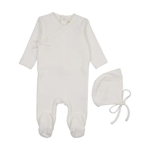 Mema Knits Velour Mock Wrap Footie & Bonnet - Winter White