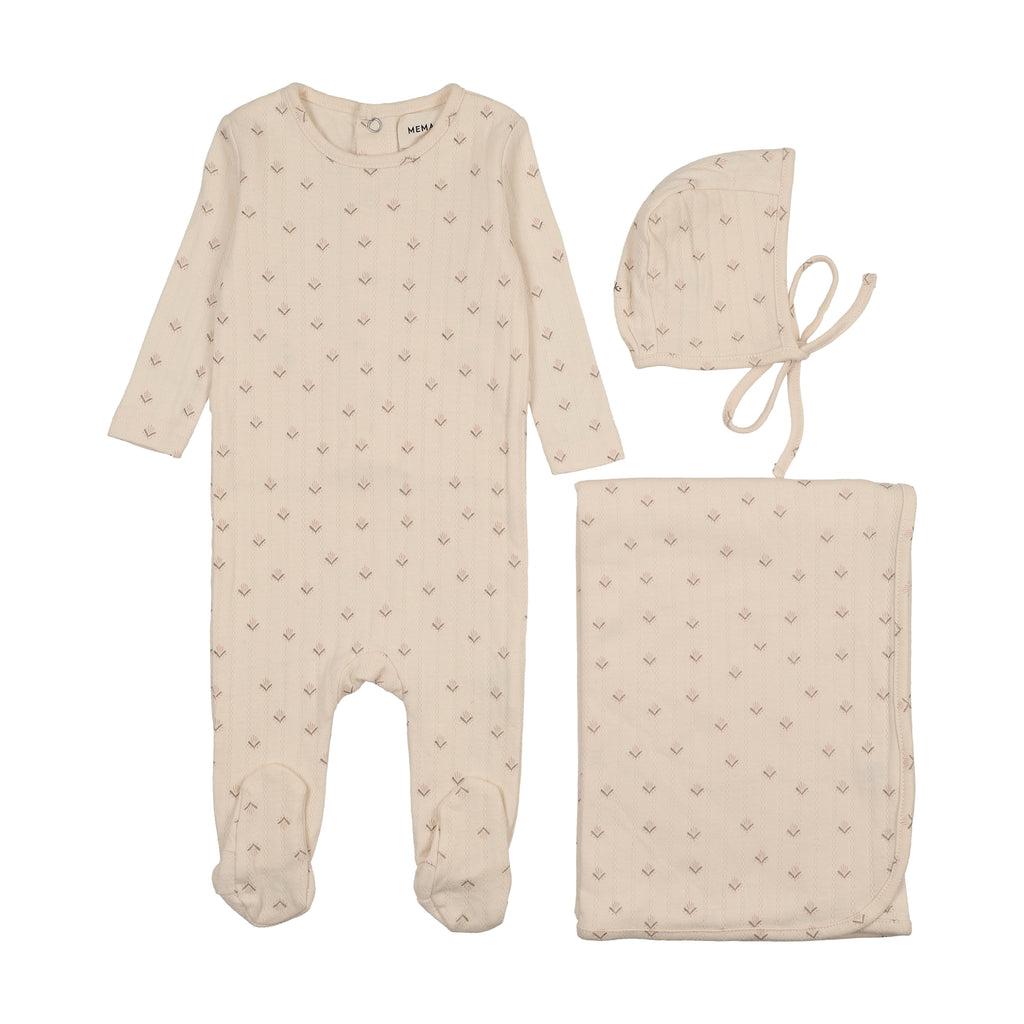 Mema Knits Printed Pointelle 3PC Layette Set - Mauve Floral Print