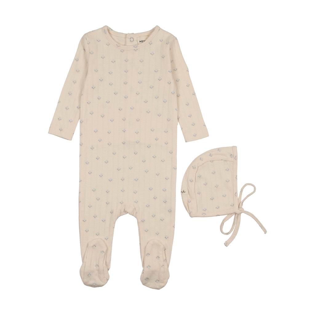 Mema Knits Printed Pointelle Footie & Bonnet - Sage Floral Print