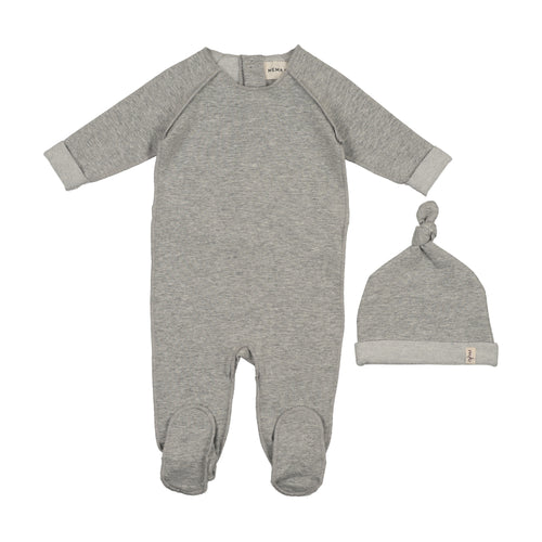 Mema Knits French Terry Top Stitched Footie & Bonnet - Grey Melange