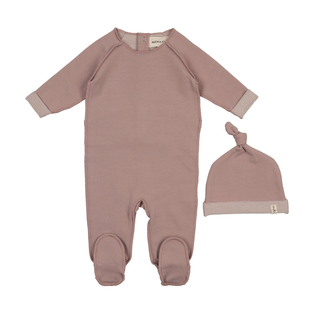 Mema Knits French Terry Top Stitched Footie & Bonnet - Mauve Pink Melange