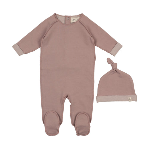 Mema Knits French Terry Top Stitched Footie & Bonnet - Mauve Pink Melange