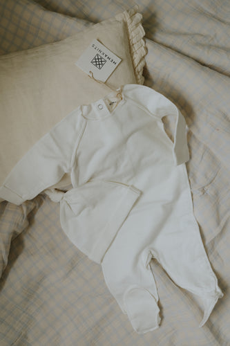 Mema Knits French Terry Top Stitched Footie & Bonnet - Winter White