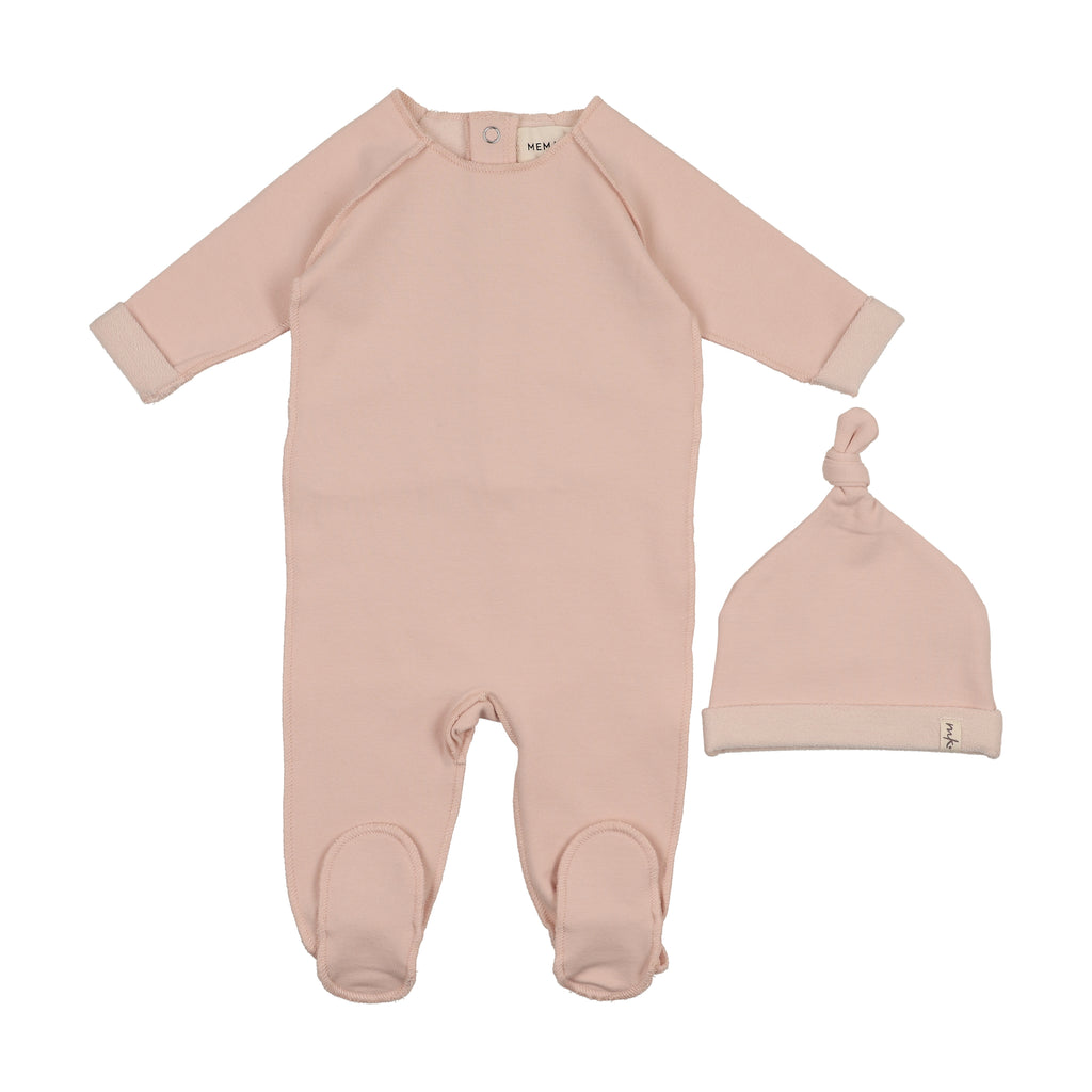 Mema Knits French Terry Top Stitched Footie & Bonnet - Rose Smoke Mélange