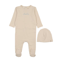 Load image into Gallery viewer, Mema Knits French Terry Embroidered Bebe Footie &amp; Bonnet - Ivory / Blue Embroidery