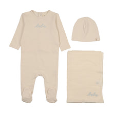 Load image into Gallery viewer, Mema Knits French Terry Embroidered Bebe 3PC Layette Set - Ivory / Blue Embroidery