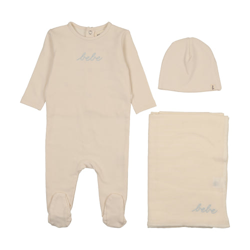 Mema Knits French Terry Embroidered Bebe 3PC Layette Set - Ivory / Blue Embroidery