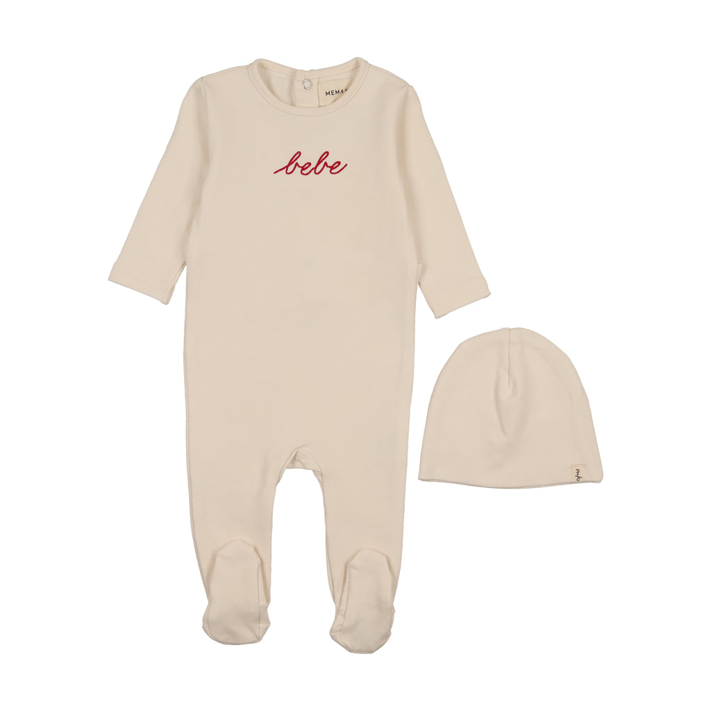 Mema Knits French Terry Embroidered Bebe Footie & Bonnet - Ivory / Rosewood Embroidery
