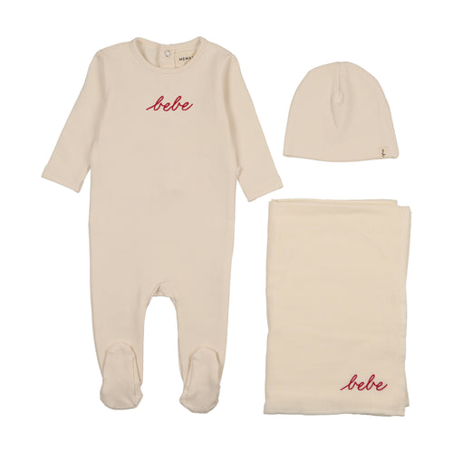 Mema Knits French Terry Embroidered Bebe 3PC Layette Set - Ivory / Rosewood Embroidery