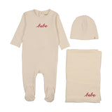 Mema Knits French Terry Embroidered Bebe 3PC Layette Set - Ivory / Rosewood Embroidery