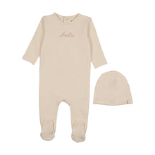 Load image into Gallery viewer, Mema Knits French Terry Embroidered Bebe Footie &amp; Bonnet - Ivory / Rose Smoke Embroidery
