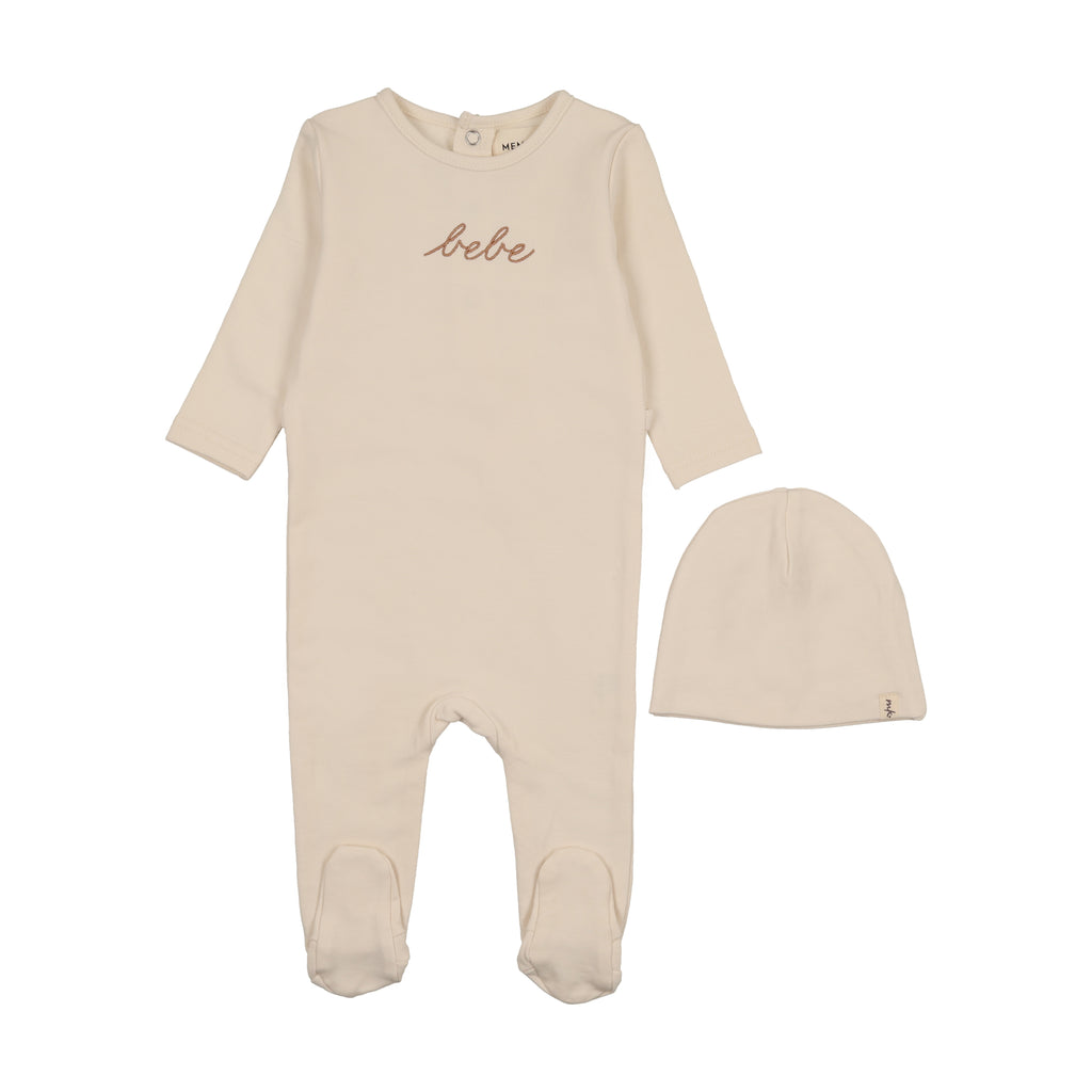 Mema Knits French Terry Embroidered Bebe Footie & Bonnet - Ivory / Taupe