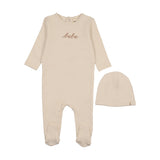 Mema Knits French Terry Embroidered Bebe Footie & Bonnet - Ivory / Taupe