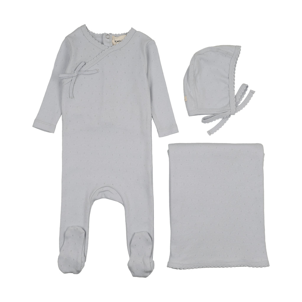 Mema Knits Pointelle Scalloped Edge 3PC Layette - Gray Dawn